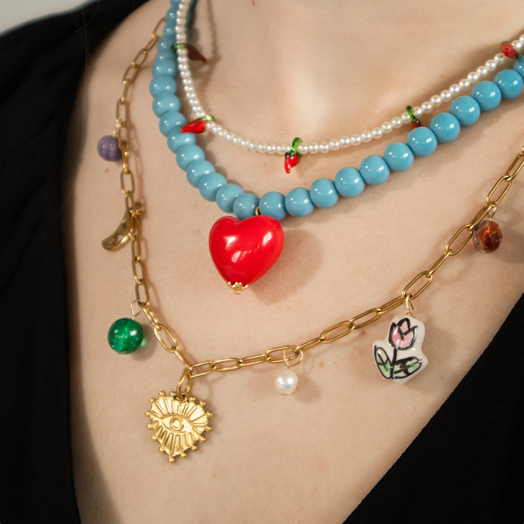 Turquoise Bead And Charm Necklace Set Of Three