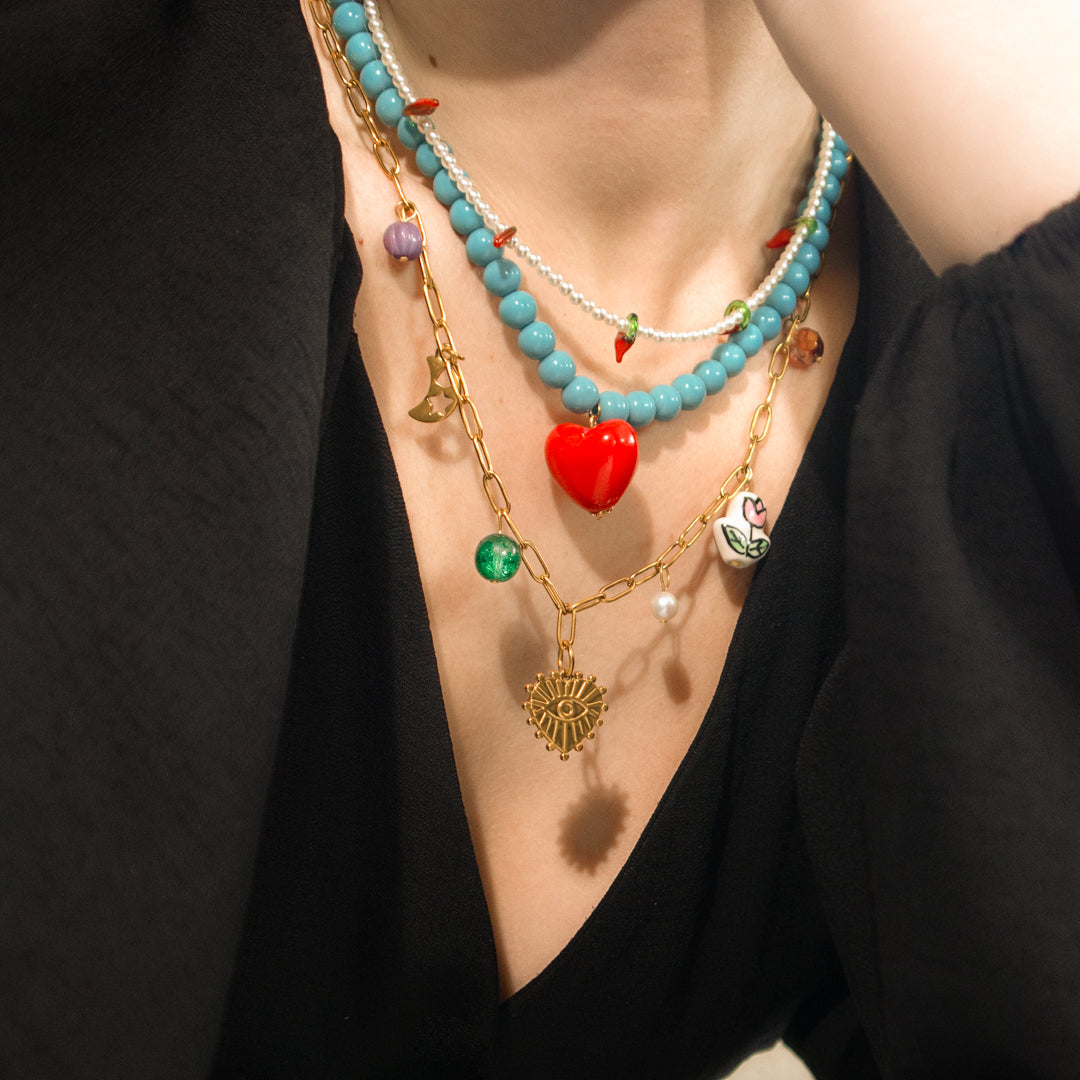 Turquoise Bead And Red Heart Necklace