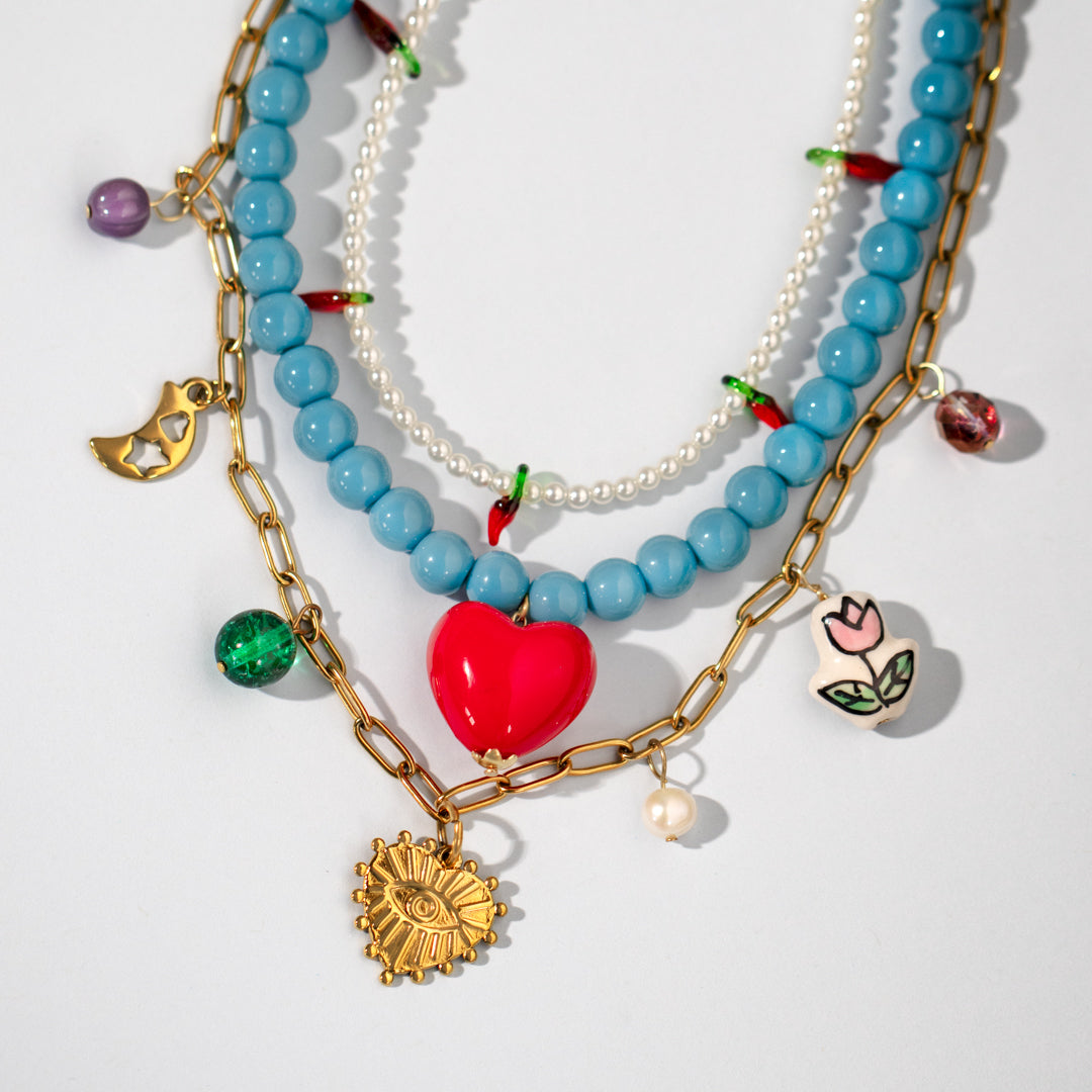 Turquoise Bead And Charm Necklace Set Of Three