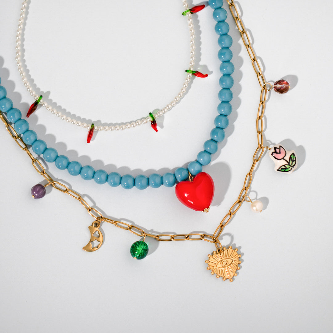 Turquoise Bead And Charm Necklace Set Of Three