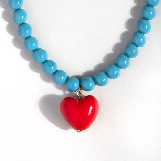 Turquoise Bead And Red Heart Necklace