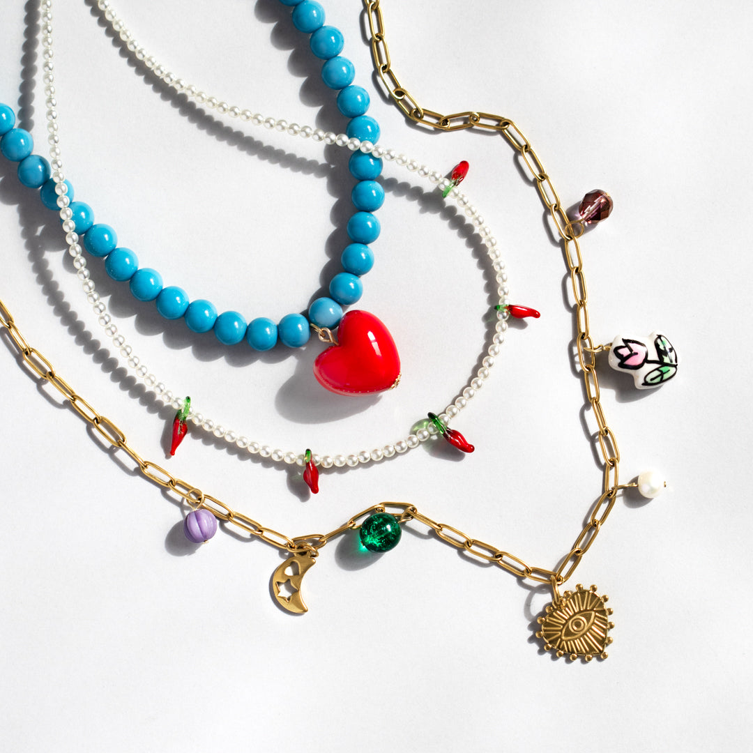 Turquoise Bead And Red Heart Necklace