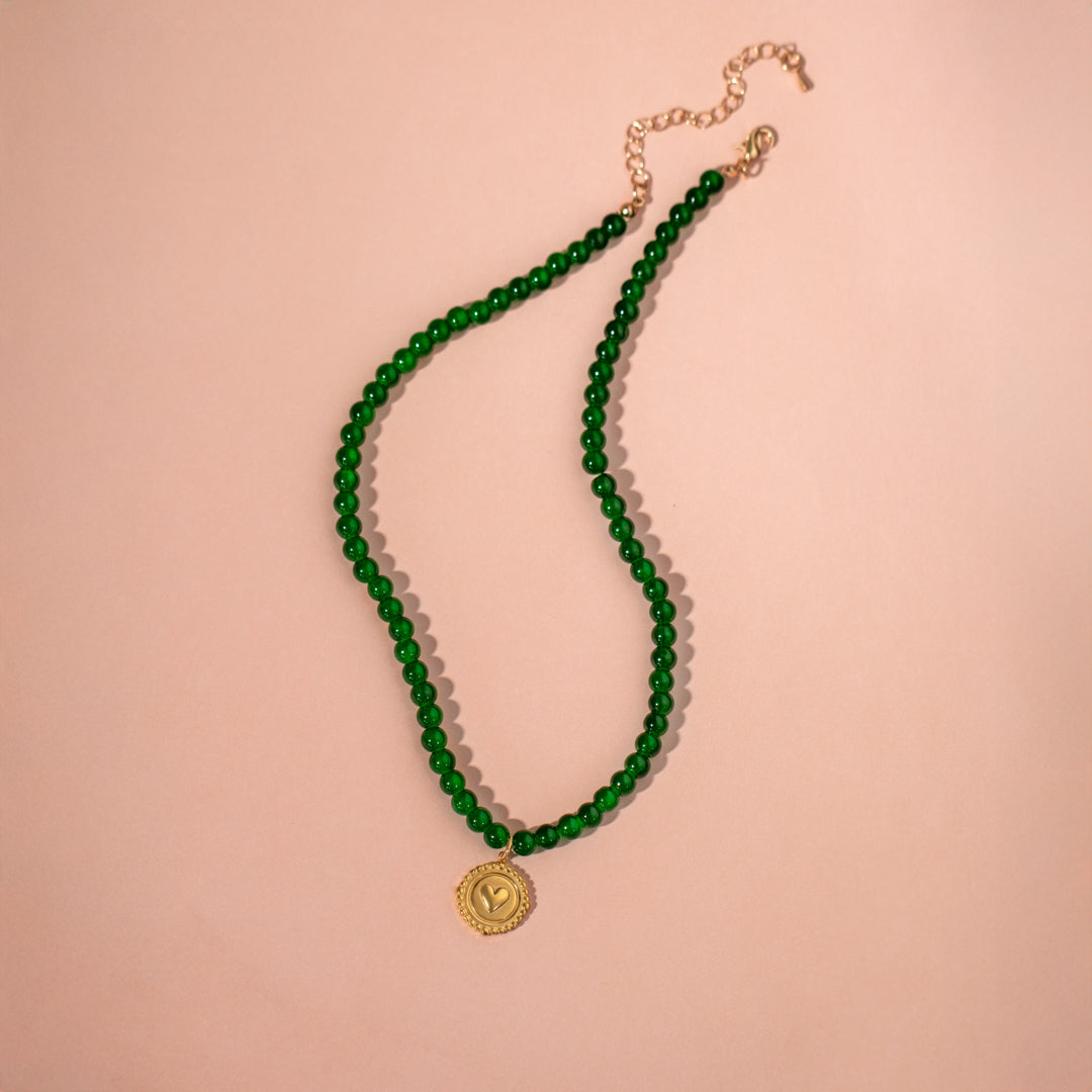 Dark Jade Green Beaded Necklace With Heart Coin