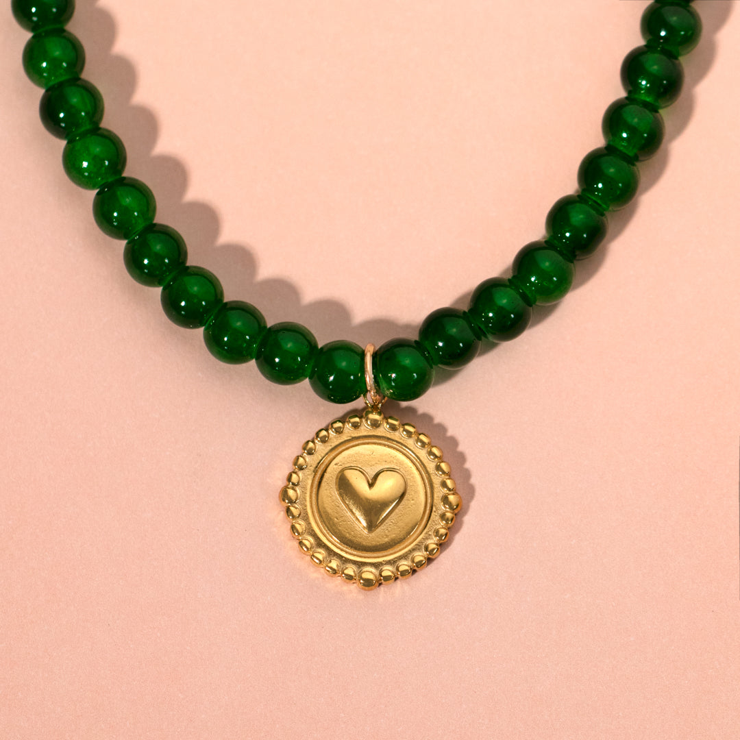 Dark Jade Green Beaded Necklace With Heart Coin