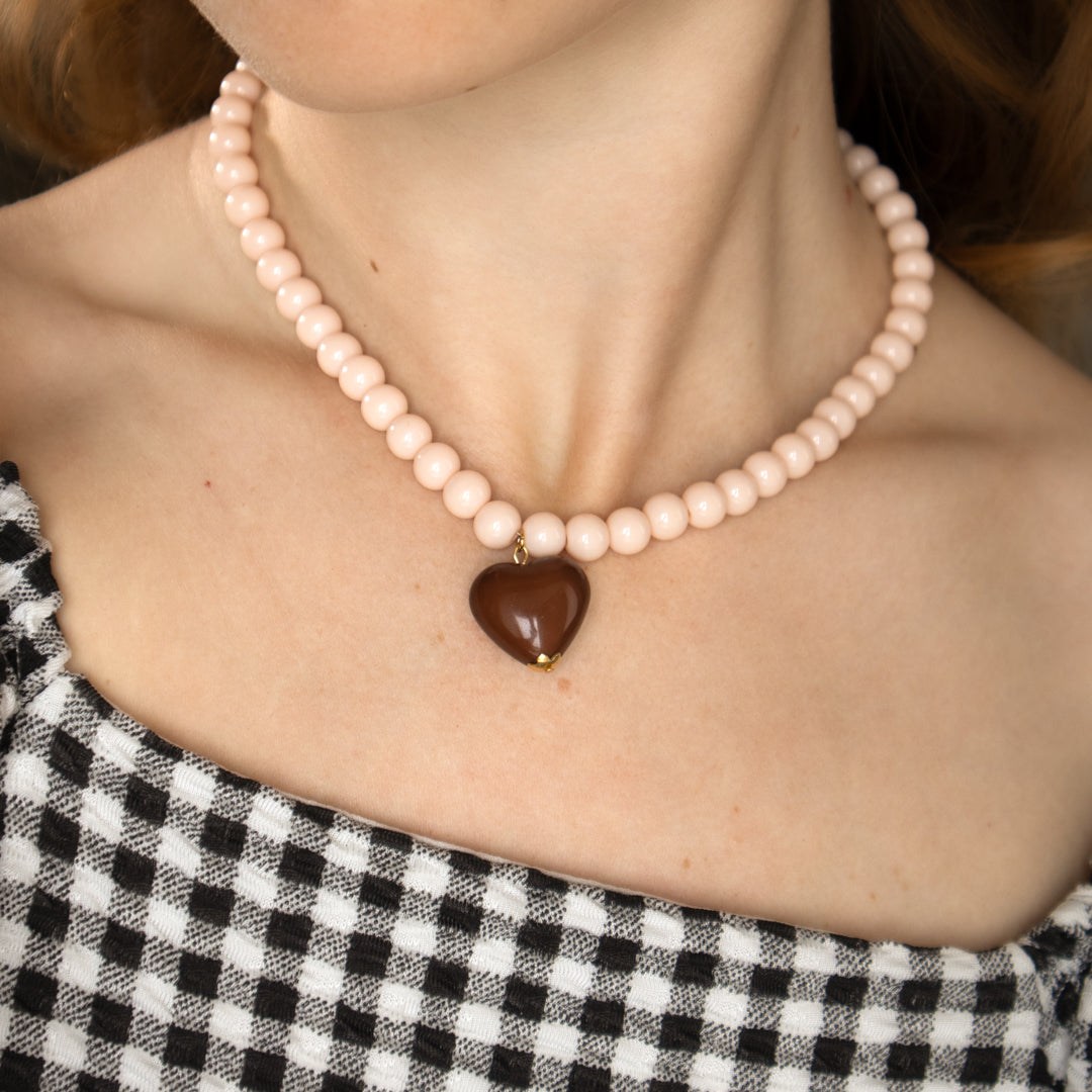Cream Bead And Chocolate Heart Necklace