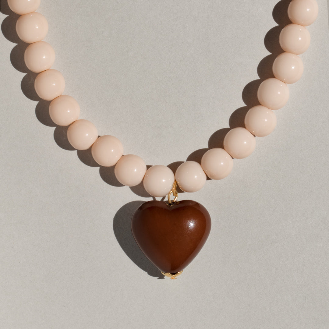 Cream Bead And Chocolate Heart Necklace