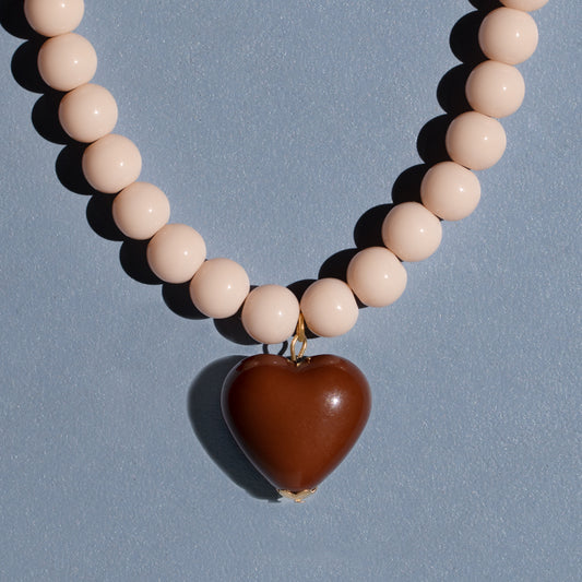 Cream Bead And Chocolate Heart Necklace