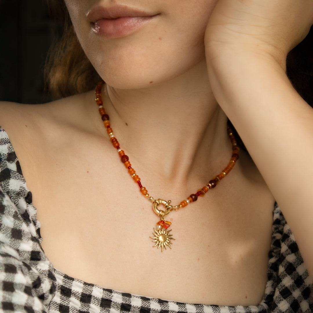 Carnelian Gemstone Bead And Sun Charm Necklace