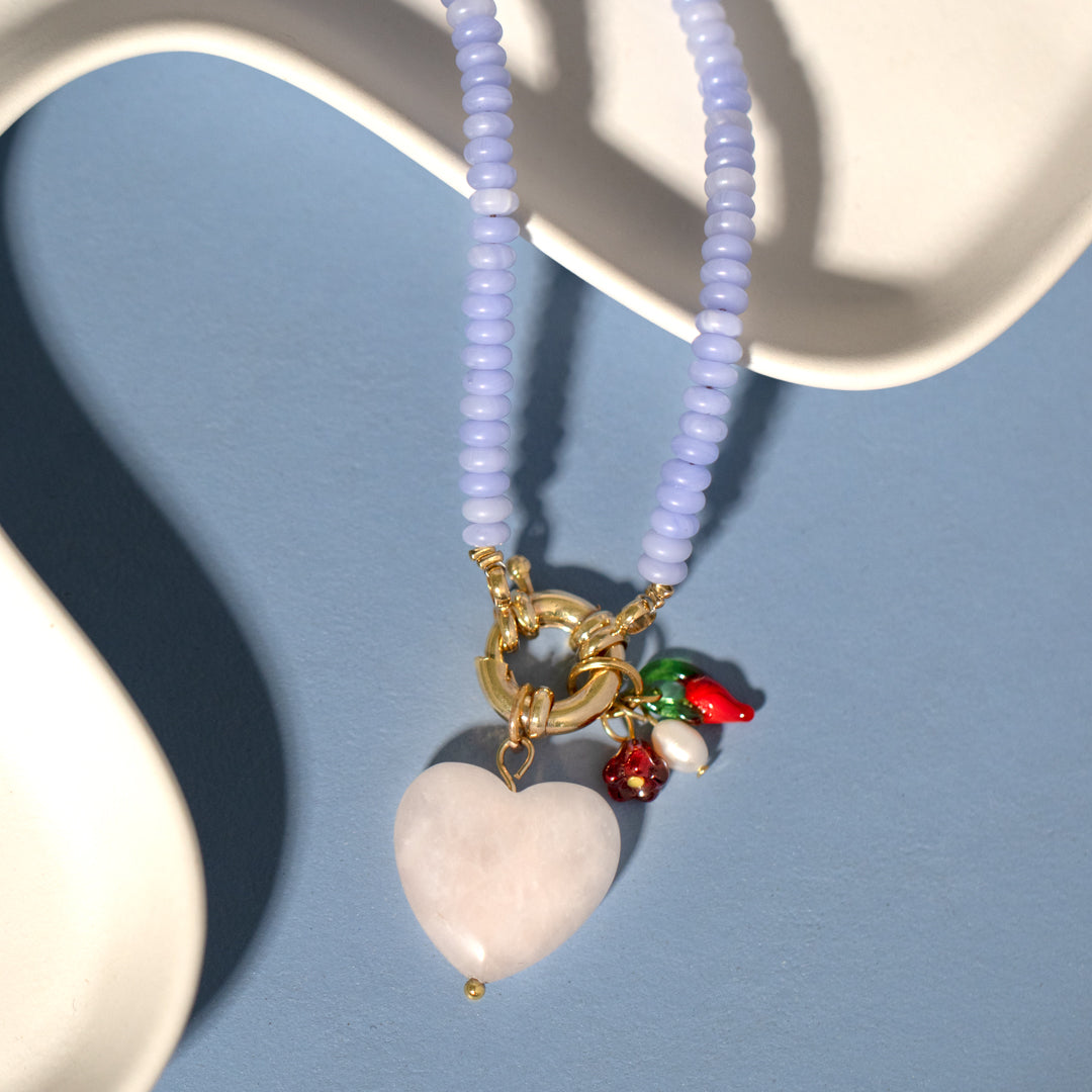 Blue Agate Bead And Rose Quartz Heart Necklace