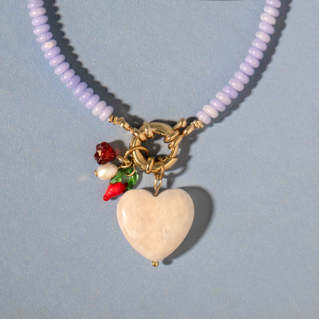 Blue Agate Bead And Rose Quartz Heart Necklace