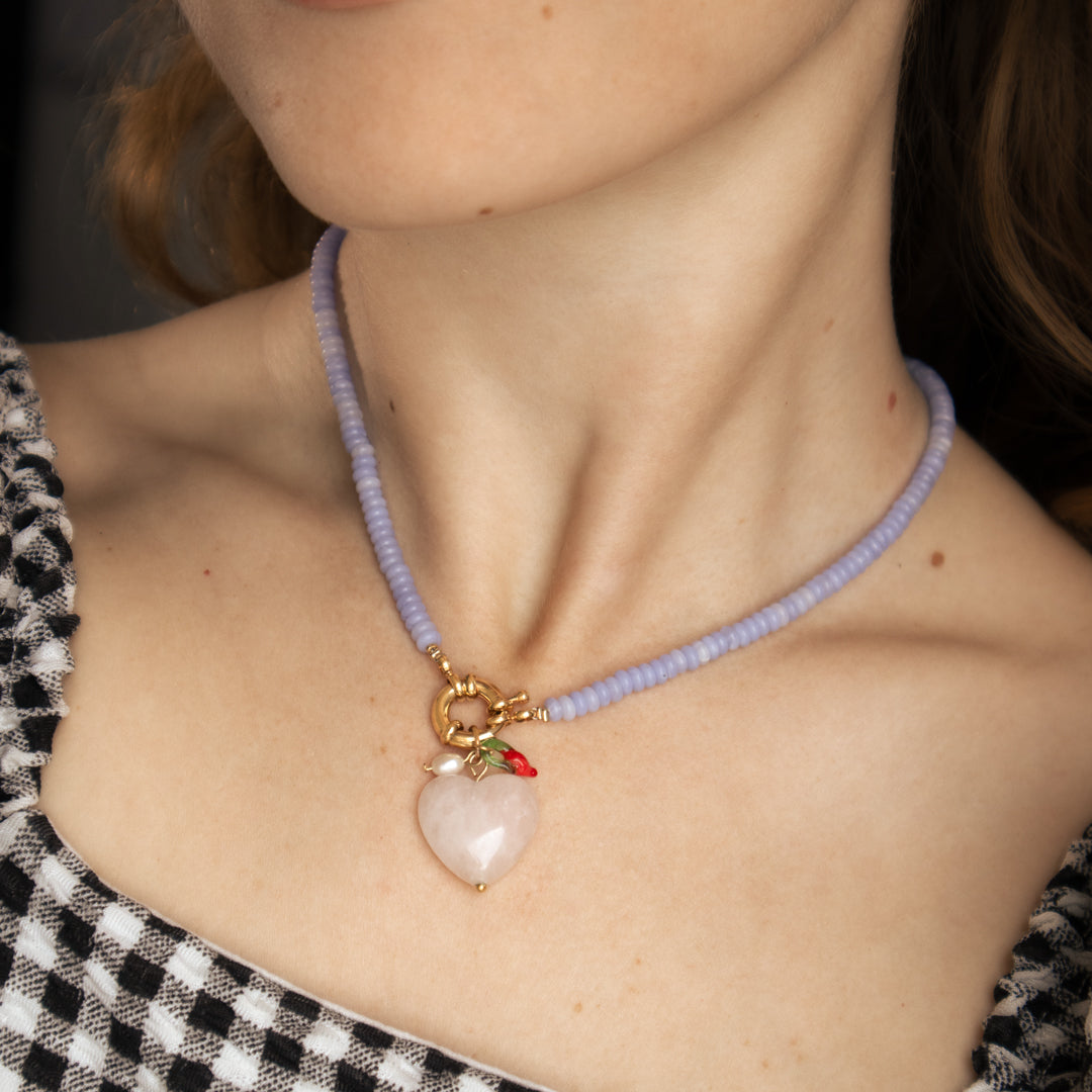 Blue Agate Bead And Rose Quartz Heart Necklace