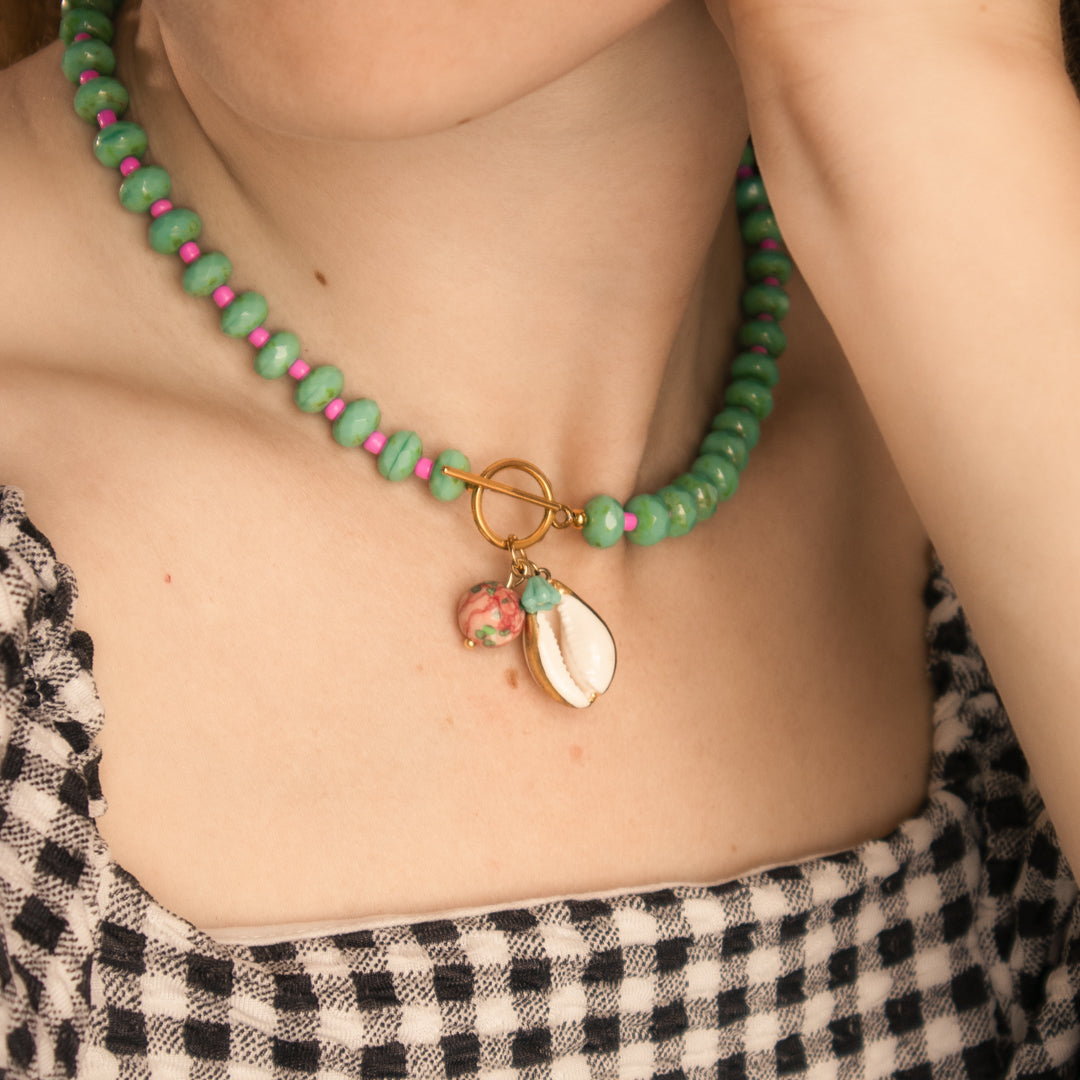 Turquoise And Pink Gingham Necklace