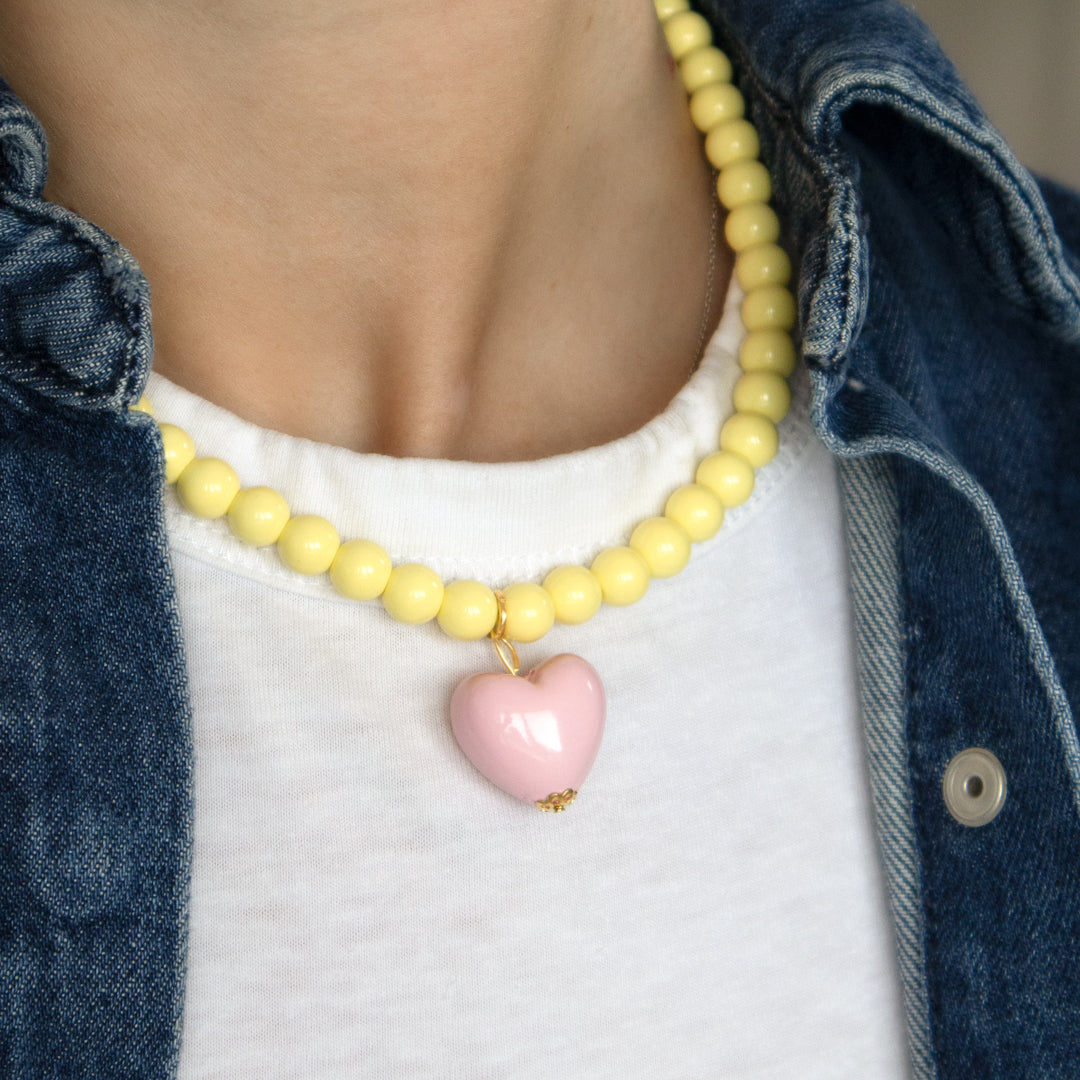 Buttermilk Yellow Bead and Pink Heart Necklace