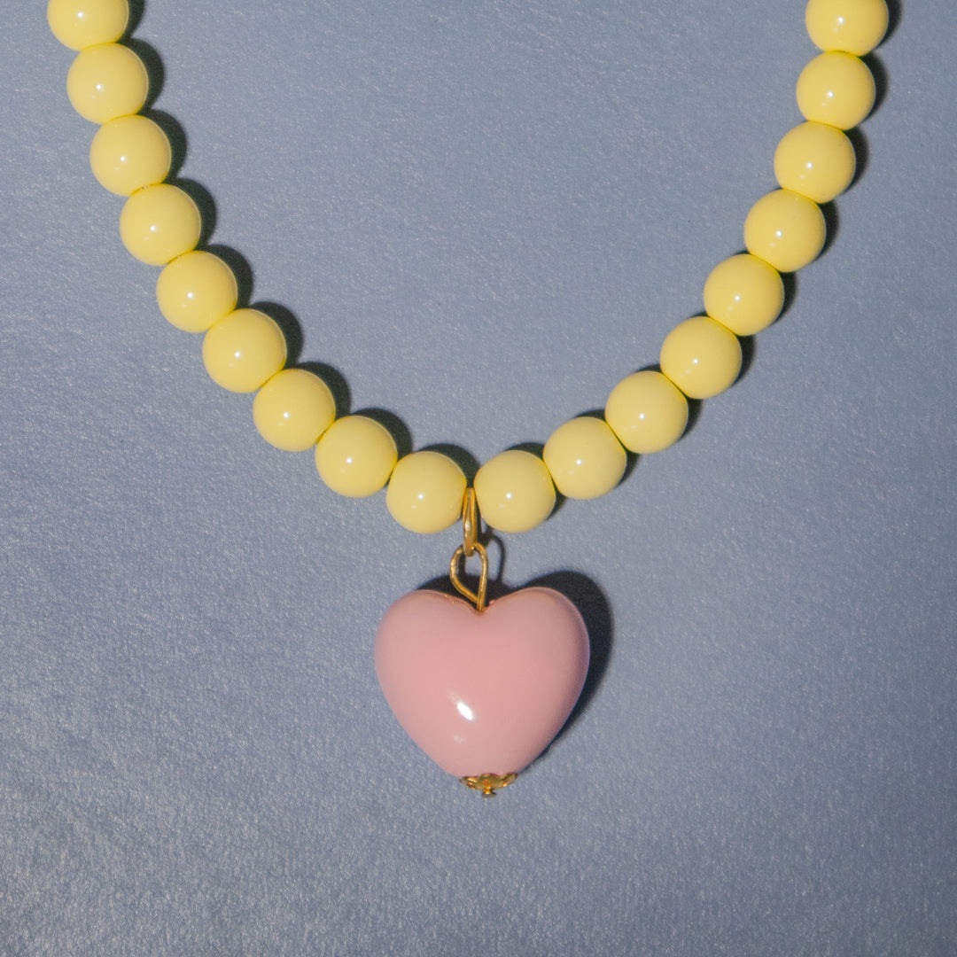 Buttermilk Yellow Bead and Pink Heart Necklace