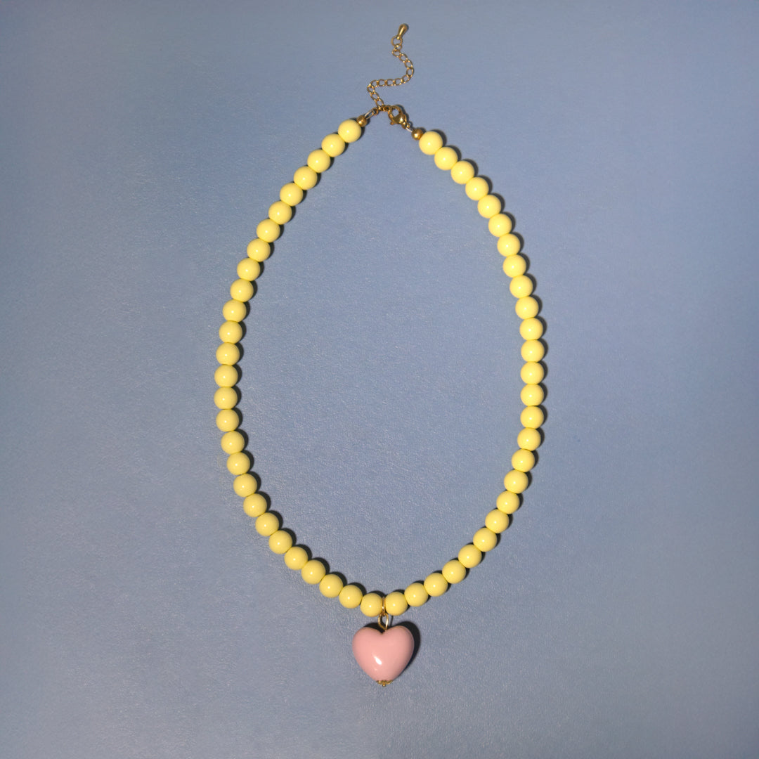Buttermilk Yellow Bead and Pink Heart Necklace