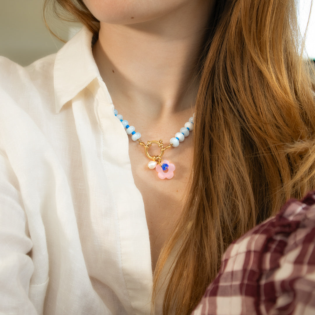 Blue Gemstone and Pink Flower Gingham Necklace