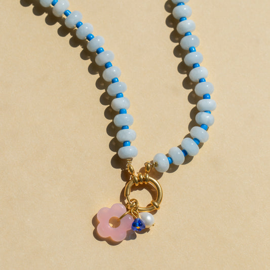 Blue Gemstone and Pink Flower Gingham Necklace