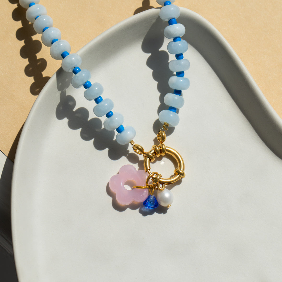 Blue Gemstone and Pink Flower Gingham Necklace