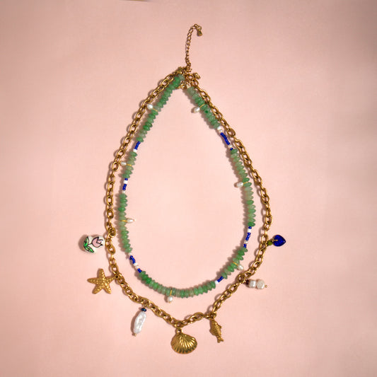 Gemstone Bead and Sea Charms Necklaces Set of 2