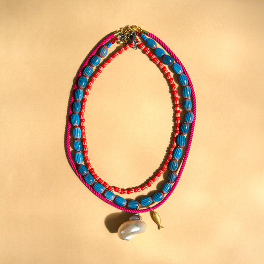 Blue and Red Bead and Sea Charms Necklace Set of 3