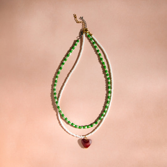 Green and White Bead with Pink Heart Necklace Set of 2