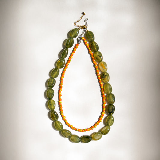 Olive and Orange Bead Necklace Set of 2