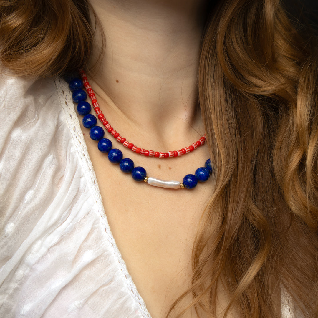 Lapis Lazuli and Red Stripe Bead Necklace Set of 2