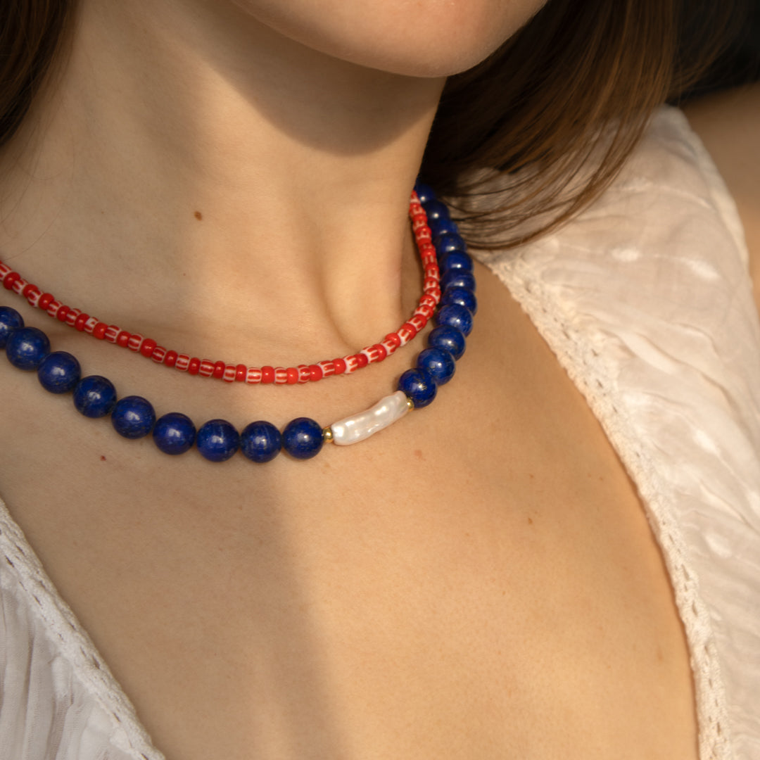 Lapis Lazuli and Red Stripe Bead Necklace Set of 2