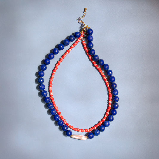 Lapis Lazuli and Red Stripe Bead Necklace Set of 2