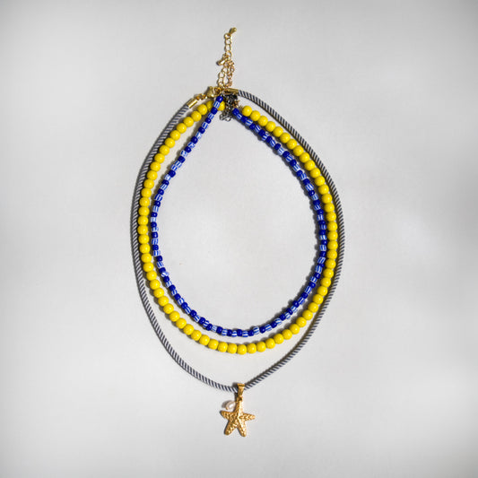 Blue Yellow Bead and Starfish Necklace Set of 3