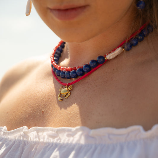 Lapis Lazuli Red Bead and Crab Charm Necklace Set of 3