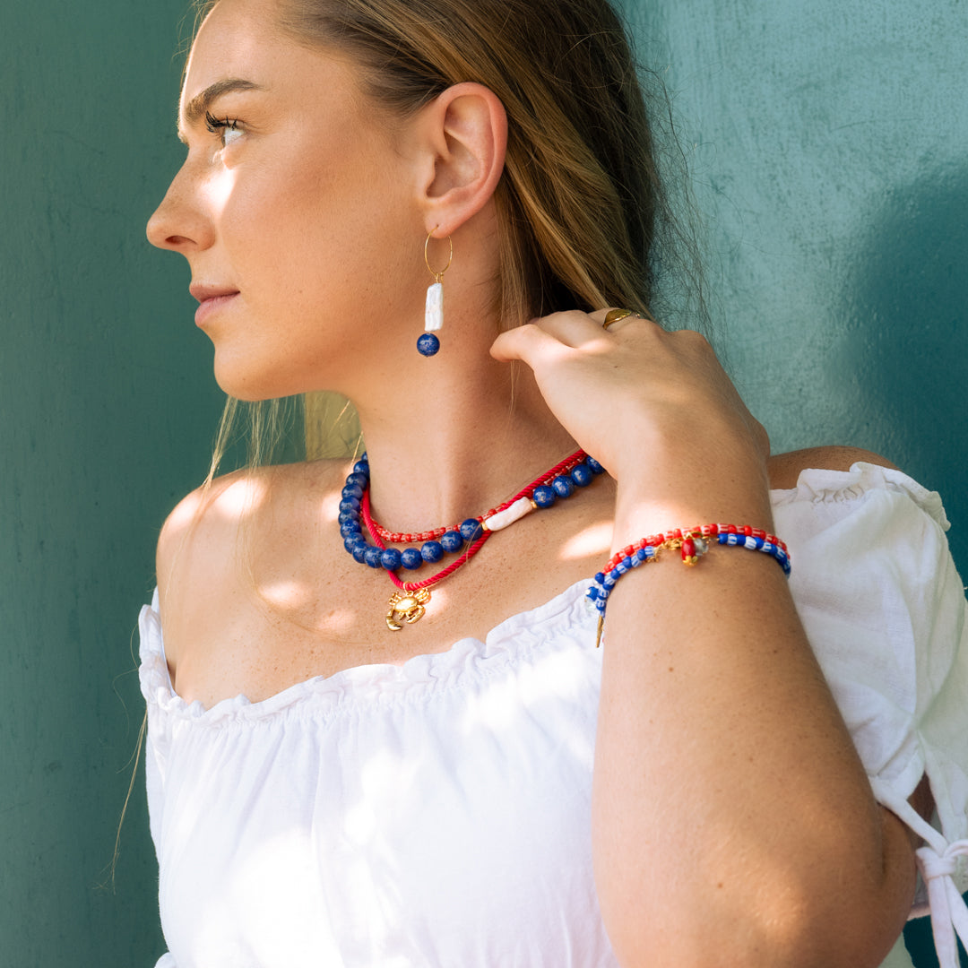 Lapis Lazuli Red Bead and Crab Charm Necklace Set of 3