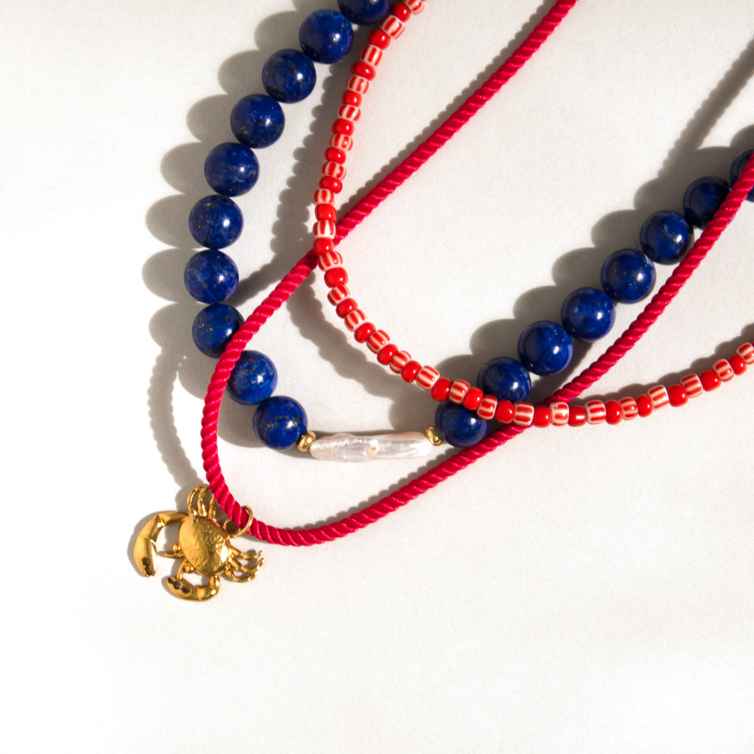 Lapis Lazuli Red Bead and Crab Charm Necklace Set of 3