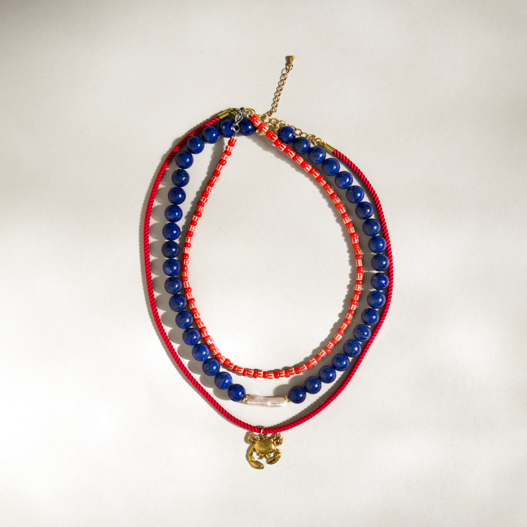 Lapis Lazuli Red Bead and Crab Charm Necklace Set of 3