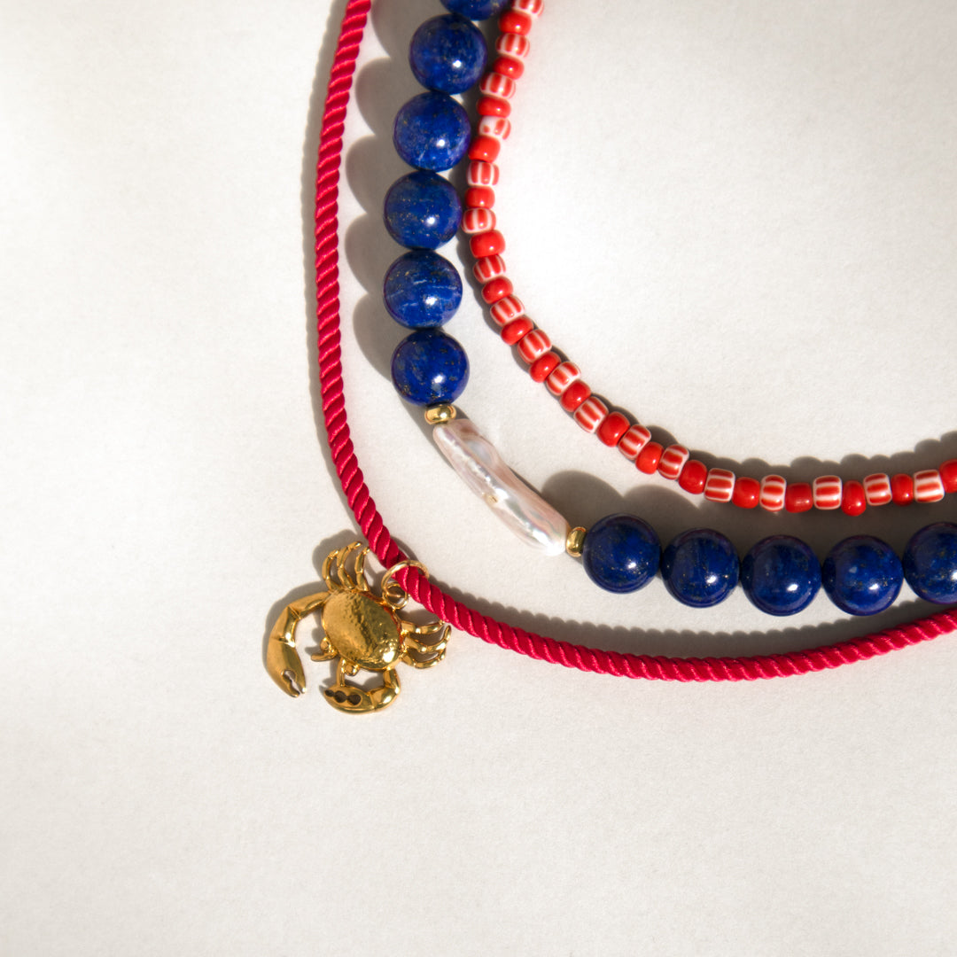 Lapis Lazuli Red Bead and Crab Charm Necklace Set of 3