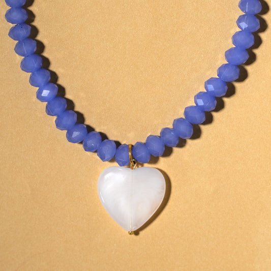 Cornflower Blue Bead And White Heart Necklace