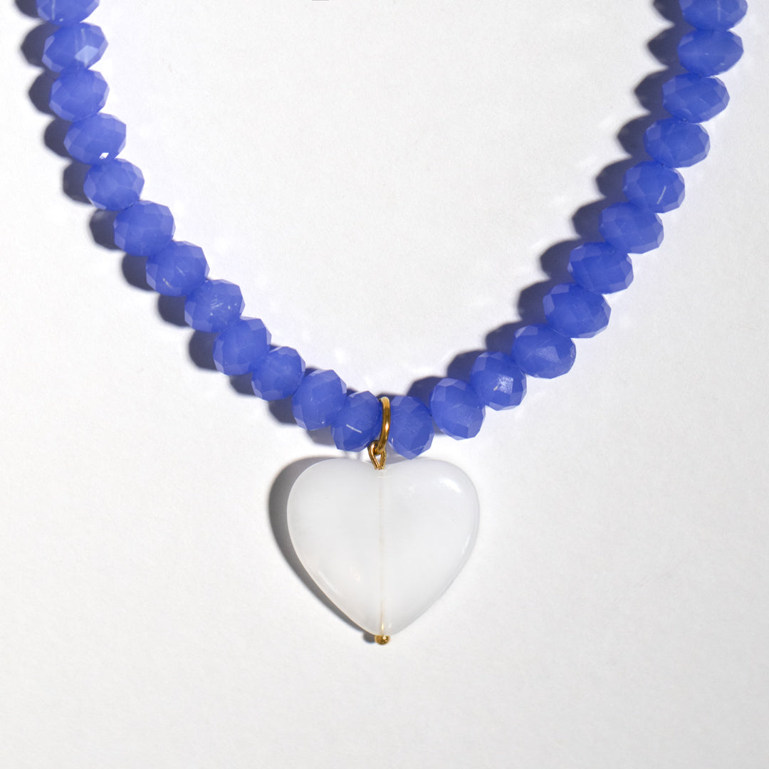 Cornflower Blue Bead And White Heart Necklace
