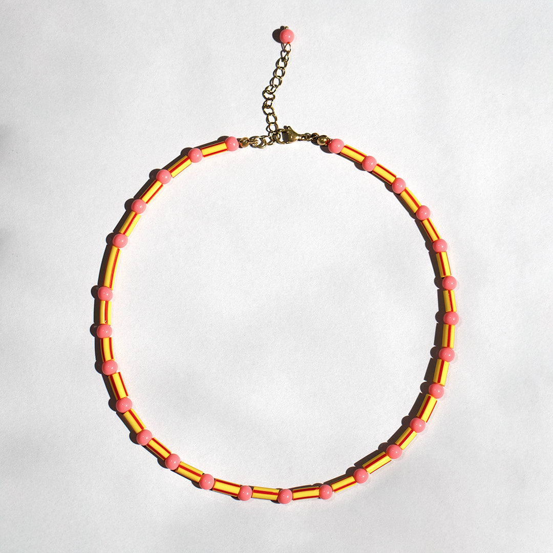 Candy Stripe Yellow  and Pink Bead Necklace