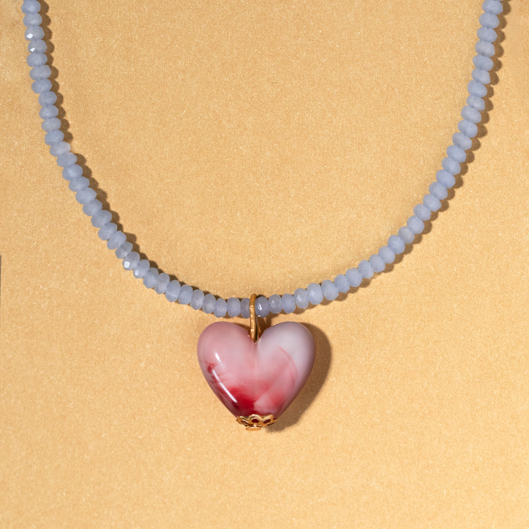 Delicate Blue Bead And Pink Heart Necklace