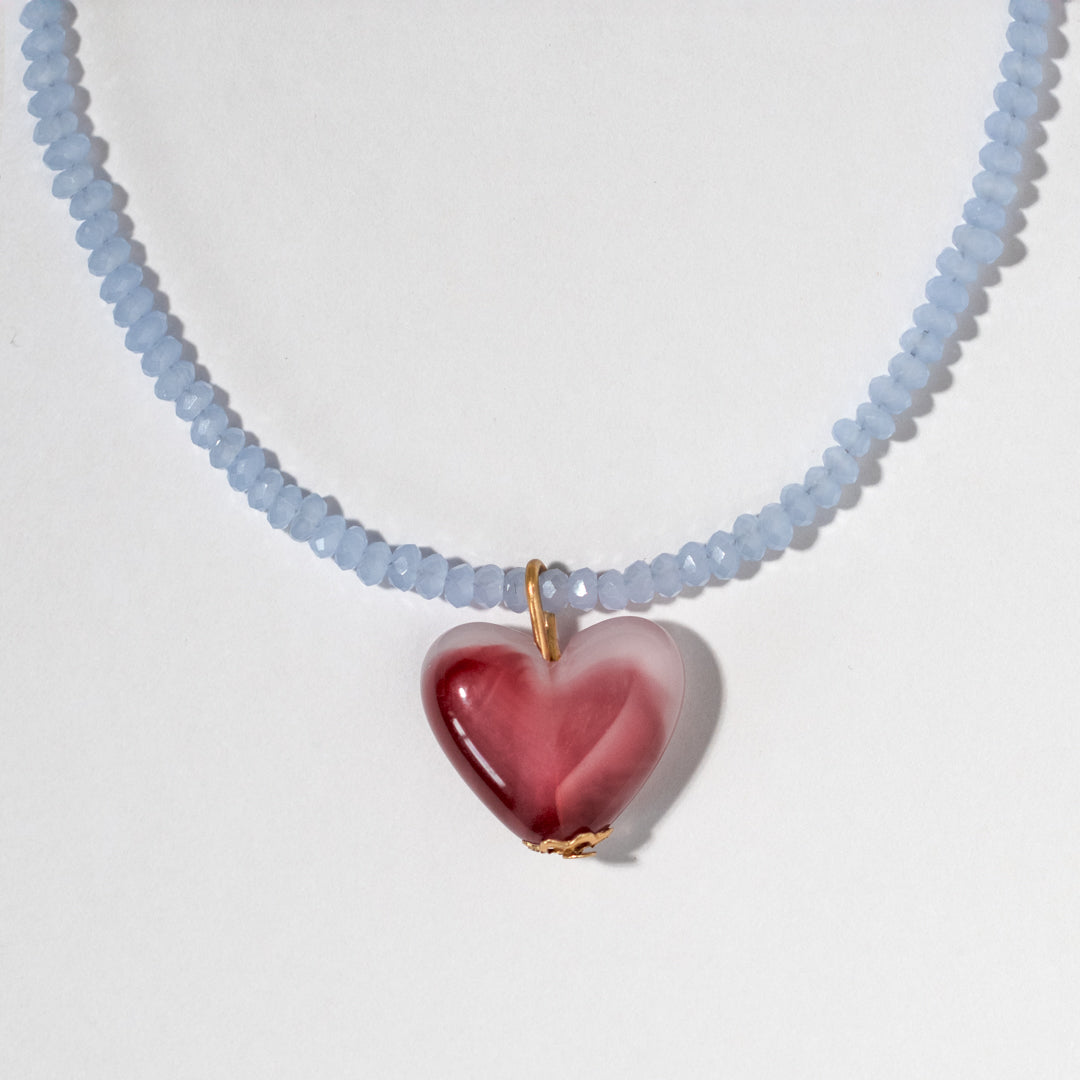 Delicate Blue Bead And Pink Heart Necklace