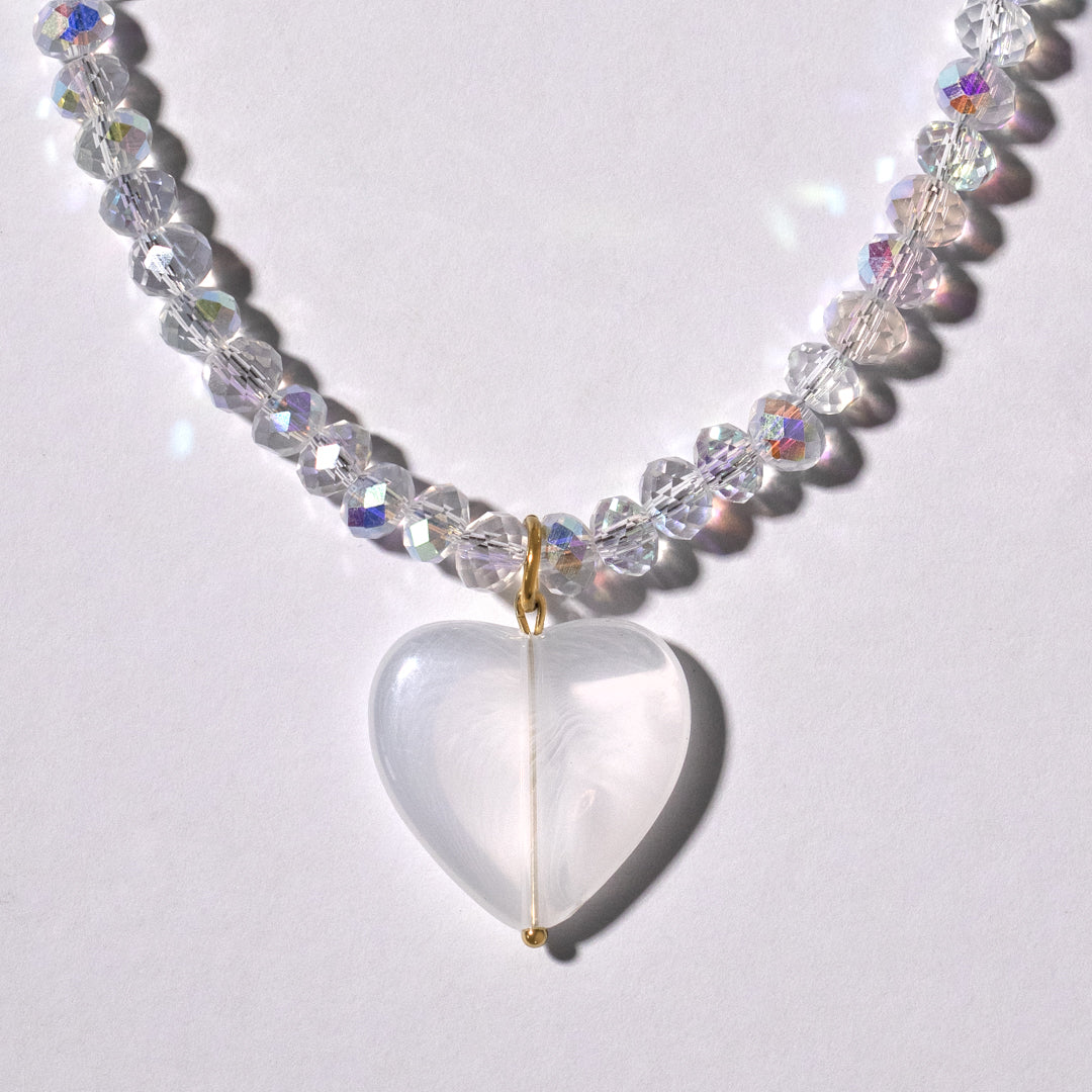 Sparkly Clear Bead And Heart Necklace