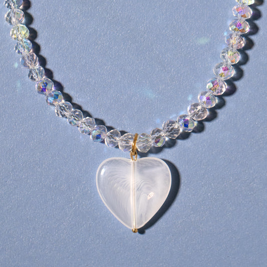 Sparkly Clear Bead And Heart Necklace
