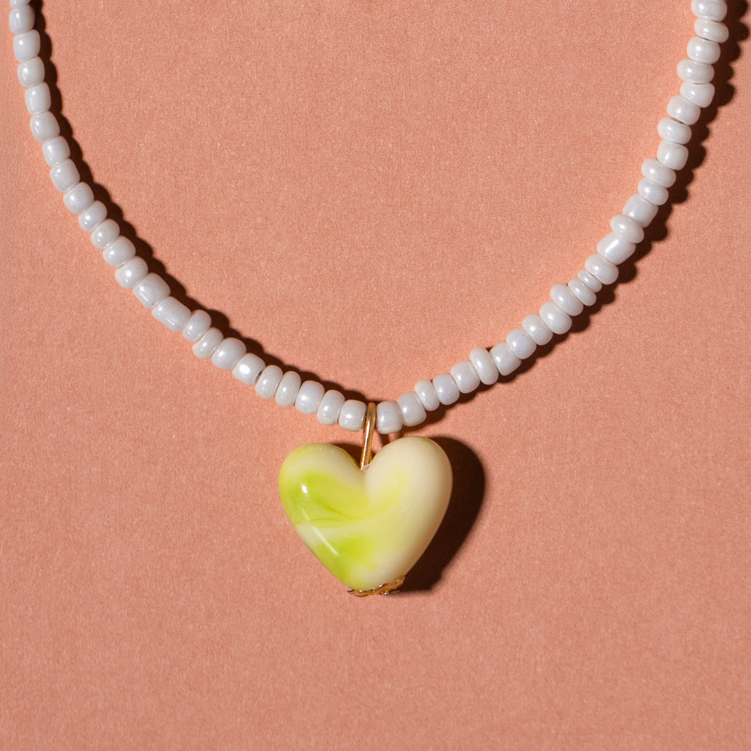White Seed Bead And Green Heart Necklace