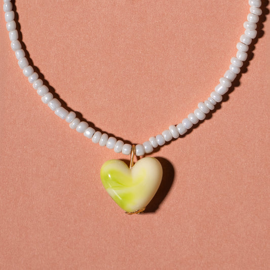 White Seed Bead And Green Heart Necklace