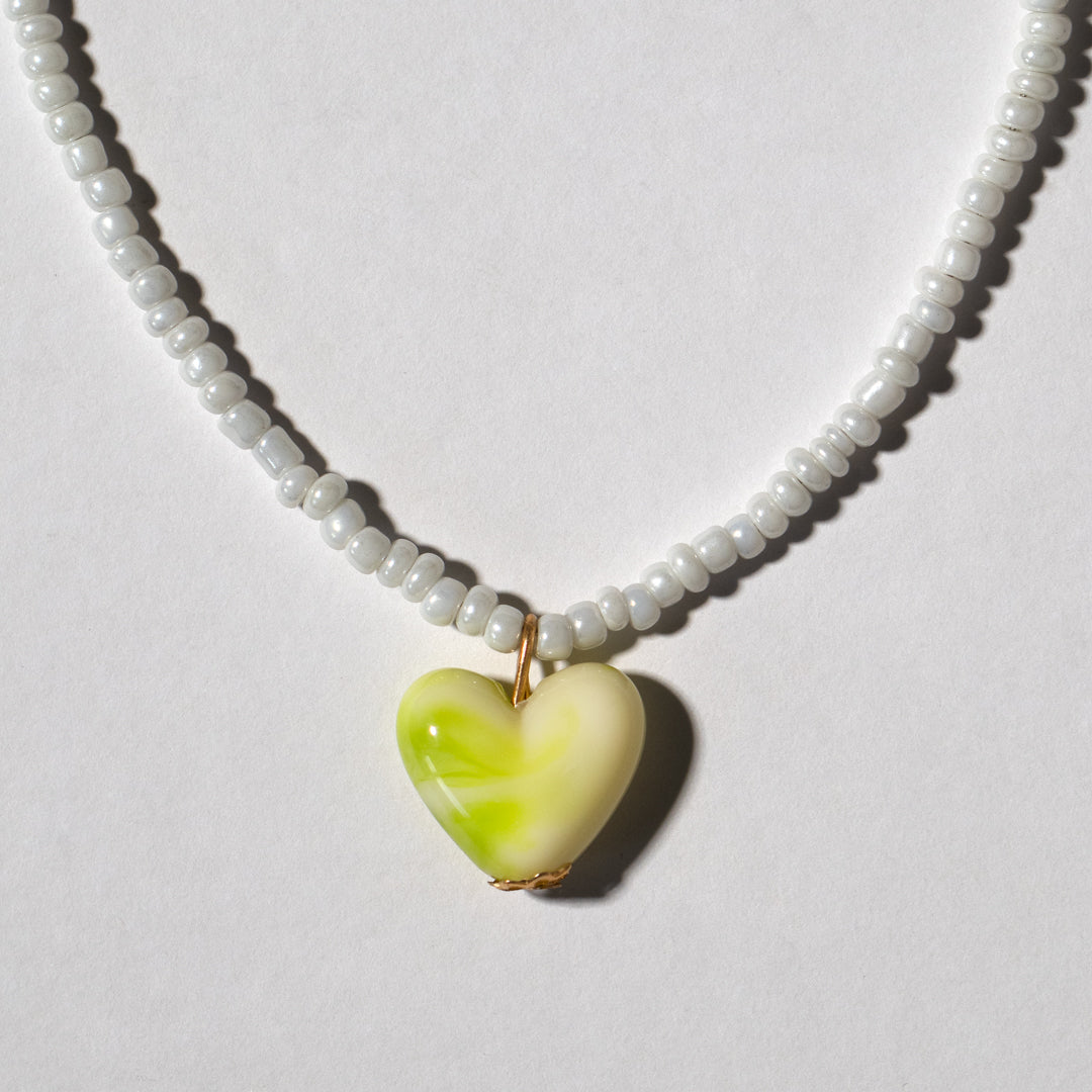 White Seed Bead And Green Heart Necklace