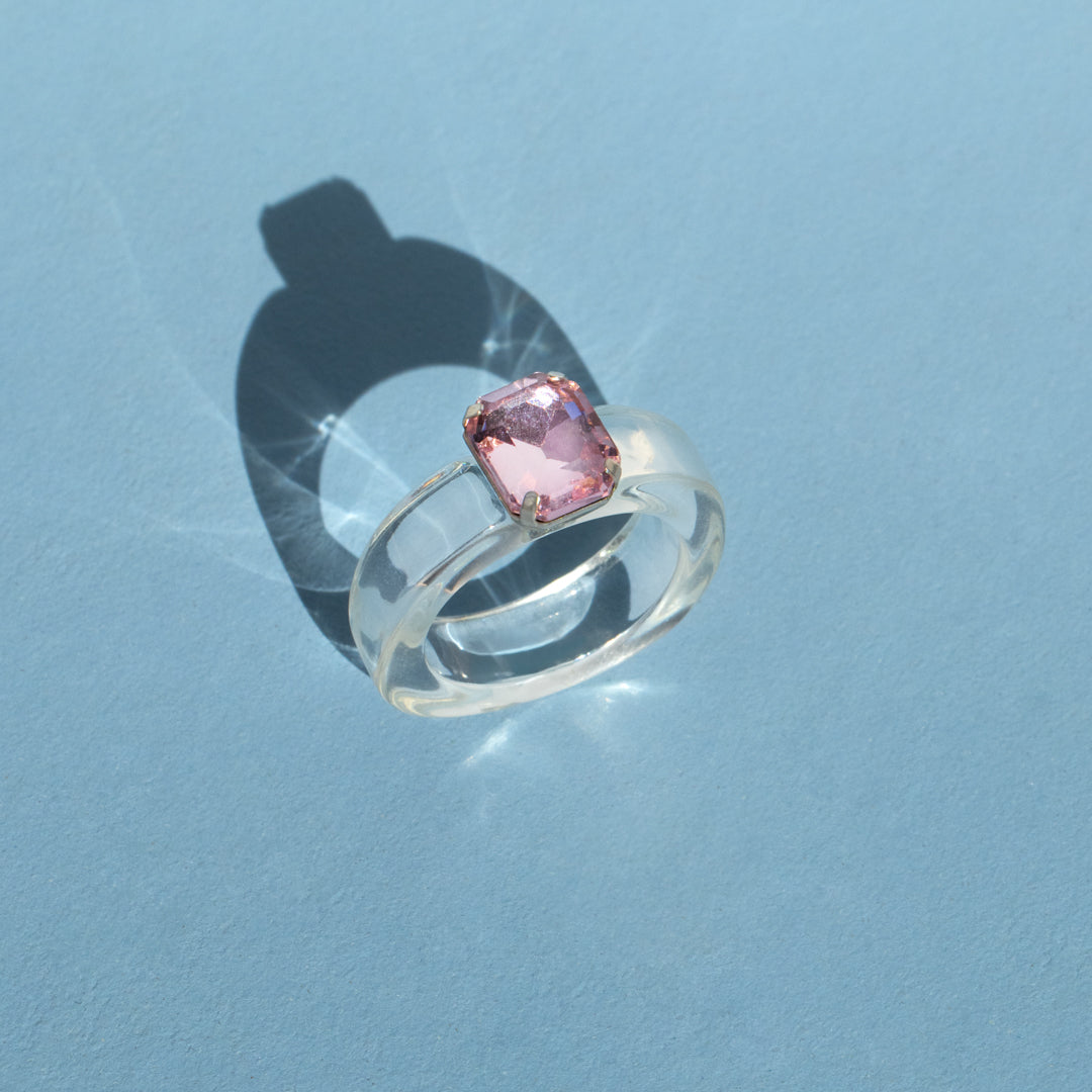 Transparent Resin Ring With Pink Rhinestone