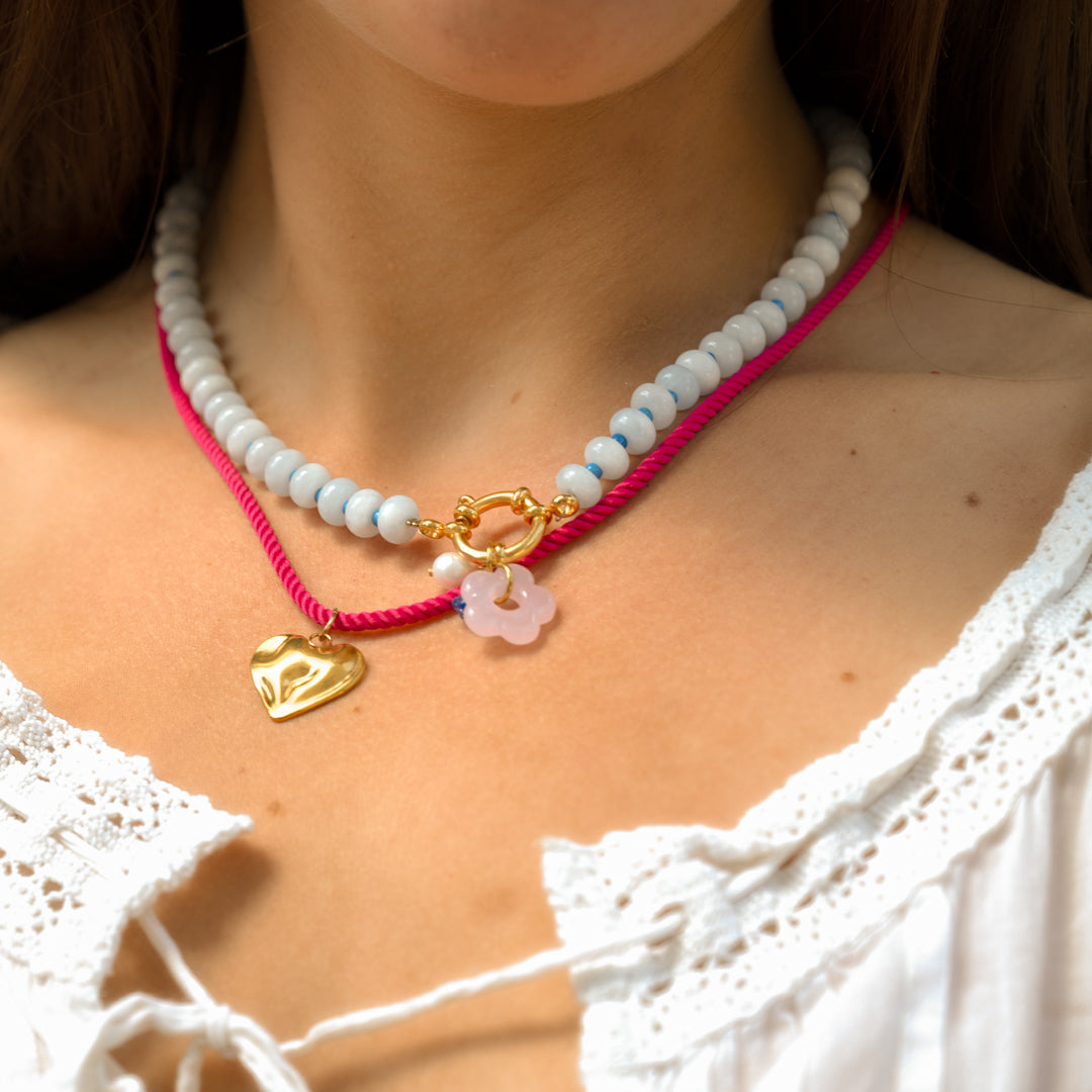 Blue Gemstone and Pink Flower Gingham Necklace