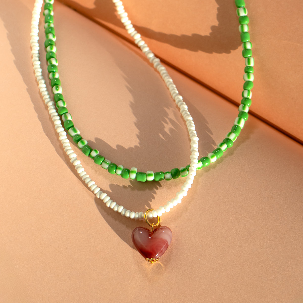Green and White Bead with Pink Heart Necklace Set of 2