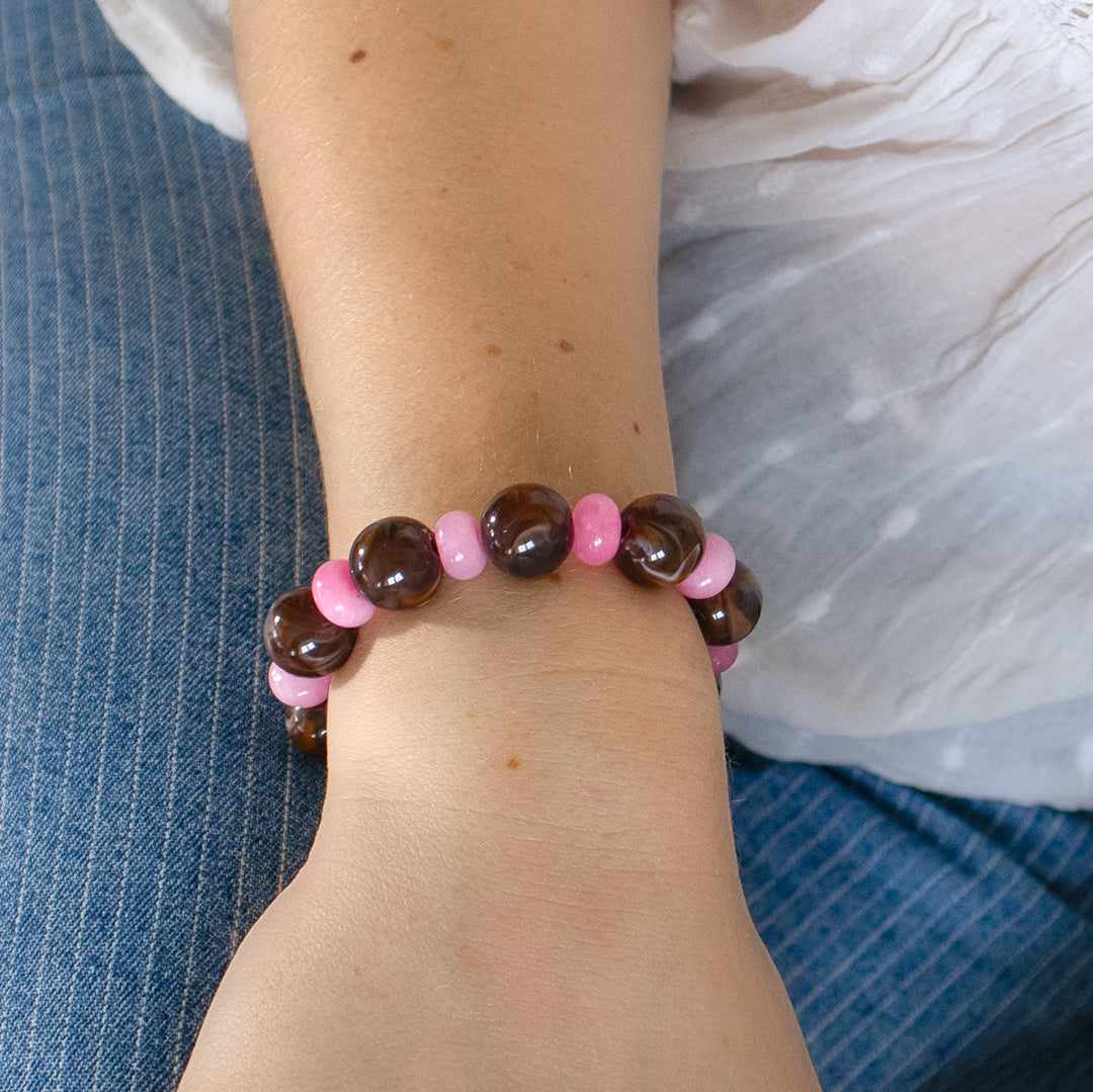 Pink Lemonade and Coffee Bead Stretch Bracelet