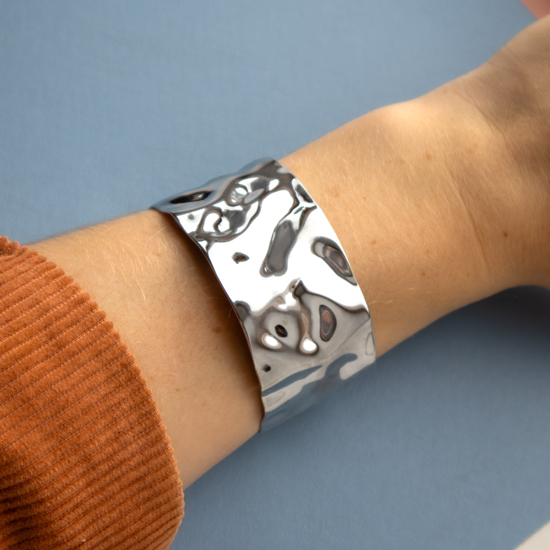 Silver Tone Textured Wide Cuff Bangle
